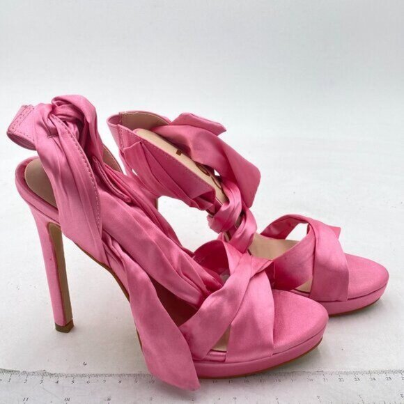 FSJ Women Cocktail Peep Toe Satin Lace Up Sandals Ankle Wrap Platform High Heels - Picture 4 of 8